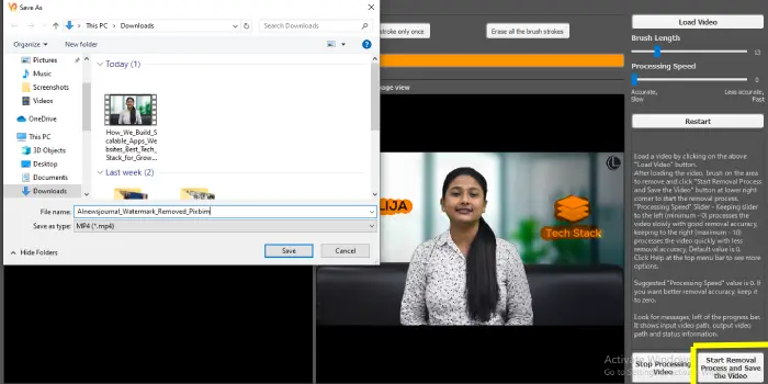 pixbim video watermark remover ai_ Start Removal and Save that video