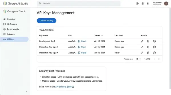 API Keys management page