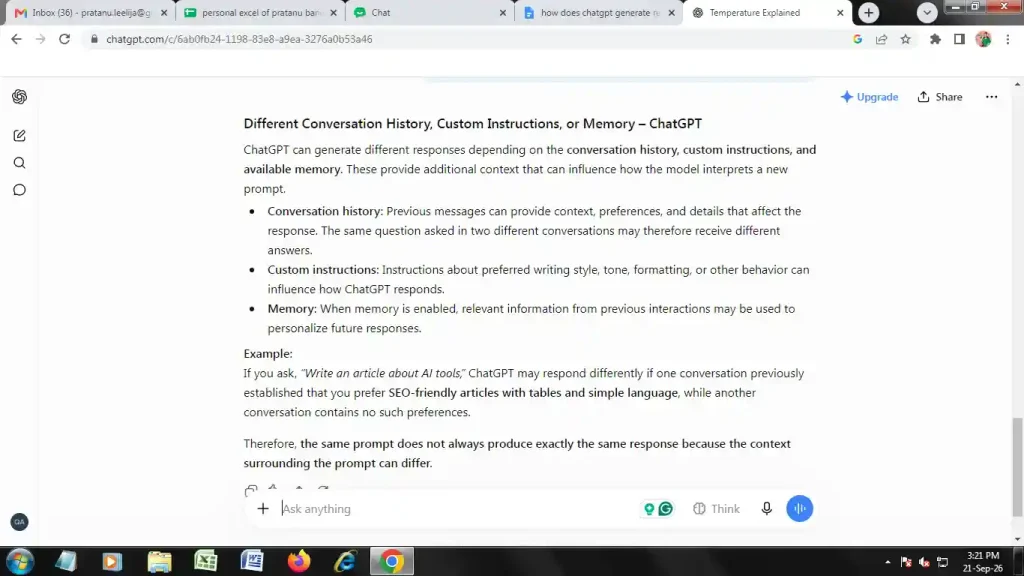 Different history of conversation, custom instructions or memory